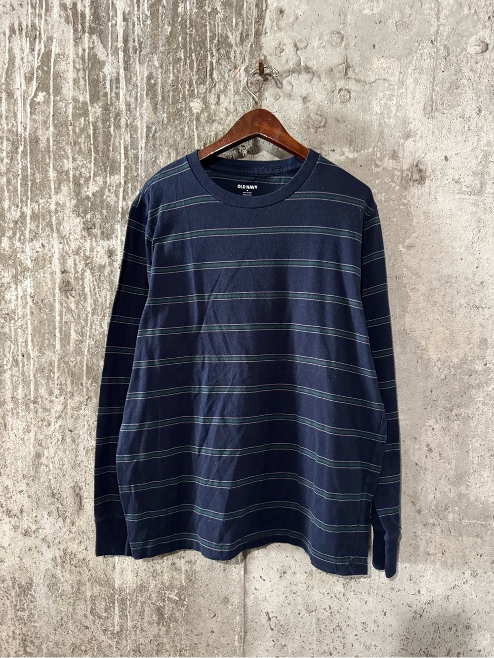 Old Navy Navy Long-Sleeve Crewneck with Thin Green Stripes